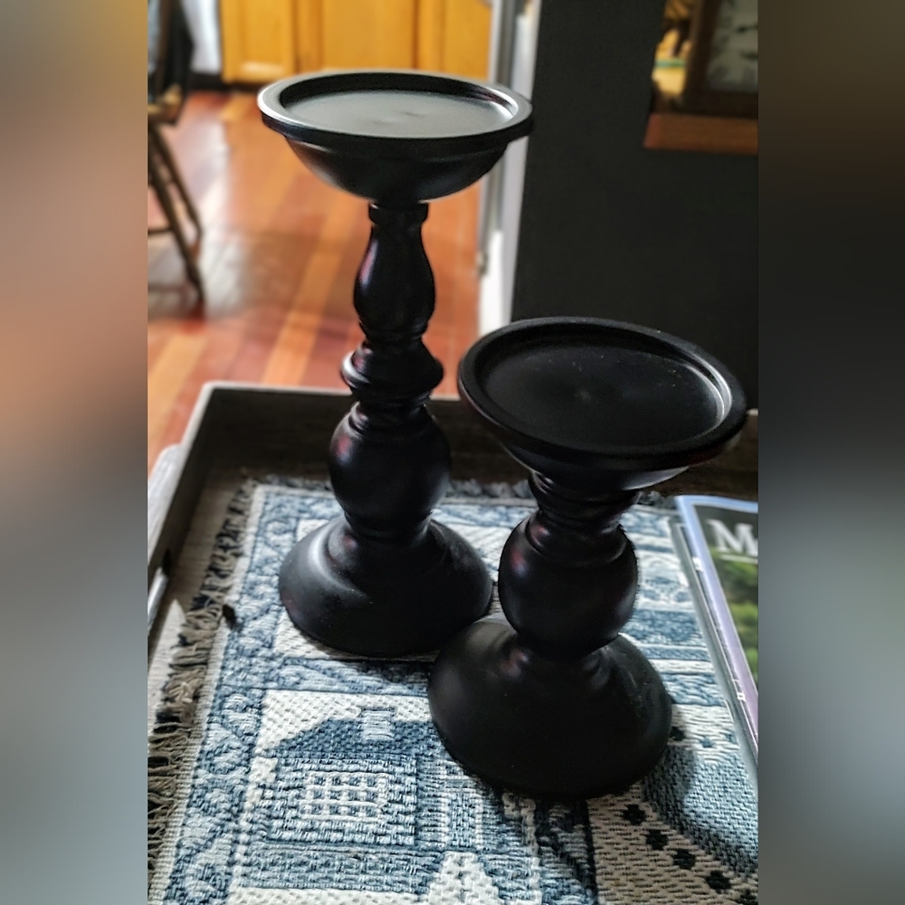 Black Decorative Wood Pillar Candle Holders - Classic Accent Set